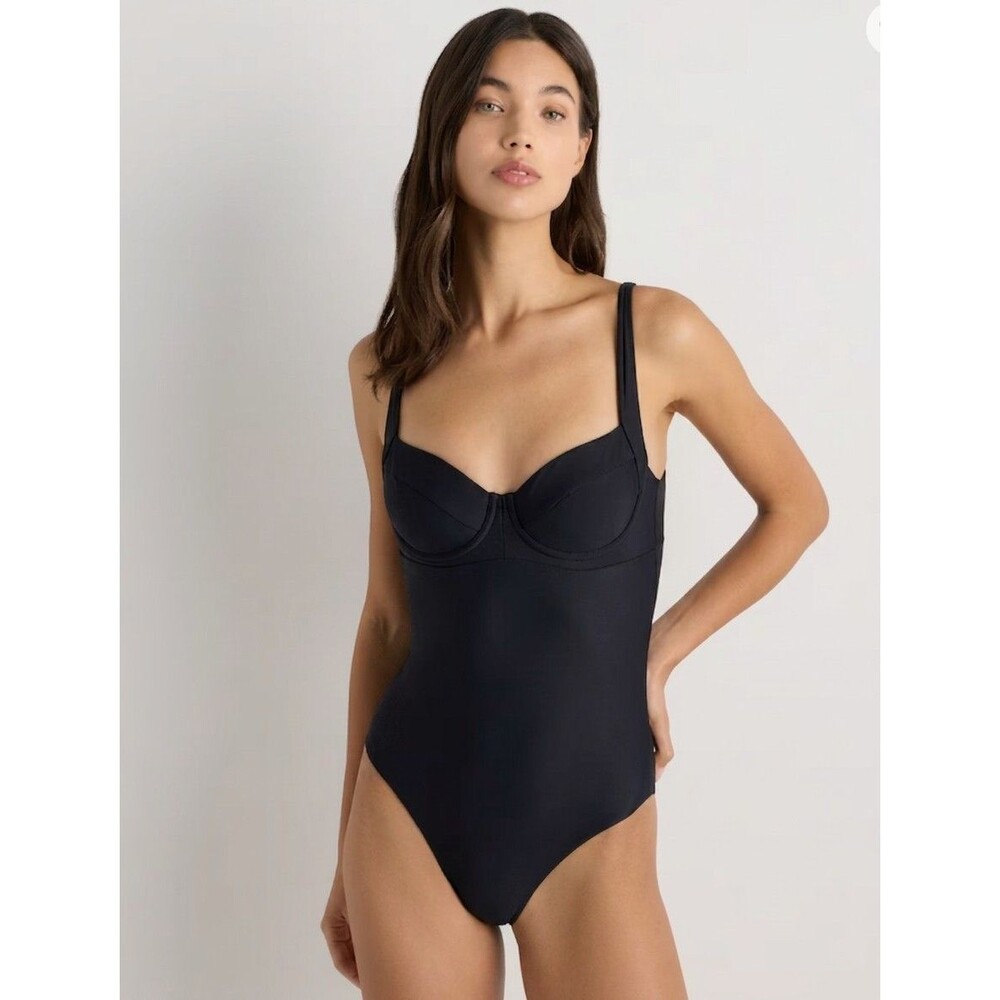 Quince Italian Underwire One Piece Swimsuit Medium Tie Back SPF Black NWT